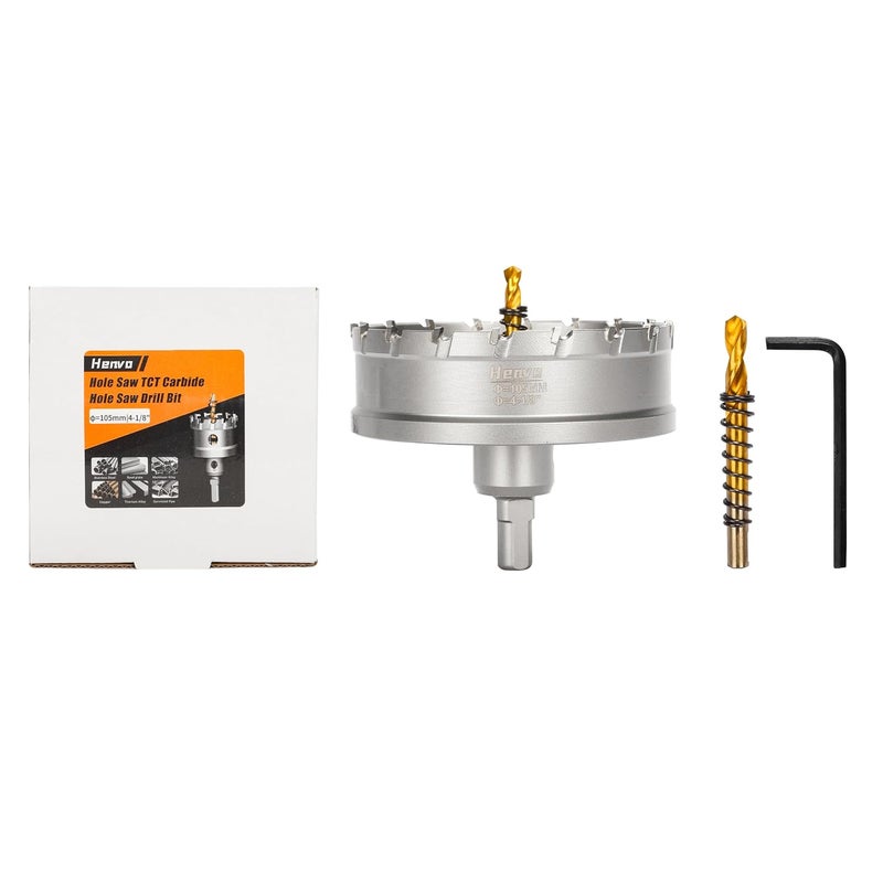 Henvo Hole Saw 4-1/8" (105mm) Heavy Duty Carbide with 2 Pilot Drill Bits - Metal Hole Cutter Cuts Stainless Steel, Iron, Copper, Brass, Plastic - Image 1